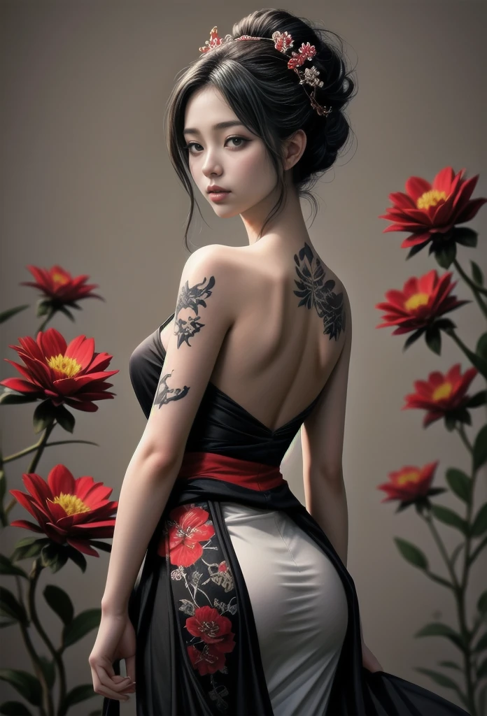 Waist-length view. A detailed drawing of a geisha midriff portrait made with a thin black pencil in shades of gray and red (flowers, tattoo). View from behind, up to the waist, she squints at the viewer, turning over her left shoulder. Naked thin shoulders. Japanese geisha makeup, elegant tattoos with dragons and flowers. Complicated hairstyle, red flowers in her hair. Long eyelashes, a very beautiful slender sexy young Japanese woman, white skin. Master's drawing, very high quality, photographic accuracy.