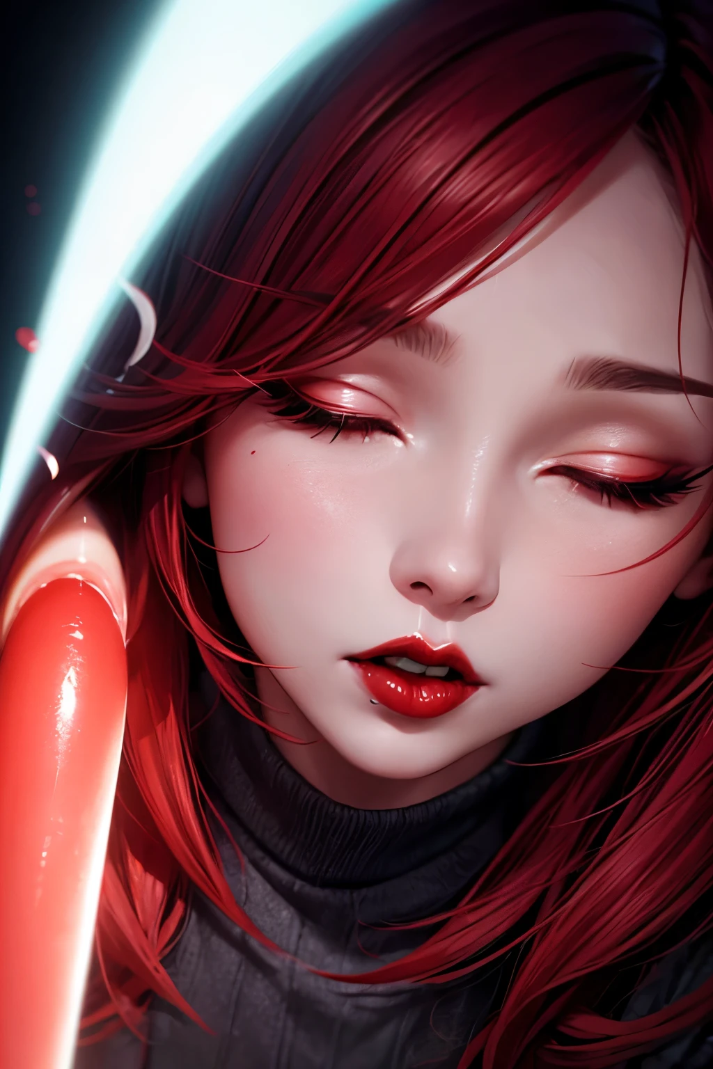 Woman, casual clothing, eyeliner, red lips, NSFW, sperm, salivating, orgasm, closed eyes, background, Surrealism, cinematic lighting, close-up, UHD, ccurate, masterpiece, textured skin, super detail, high quality