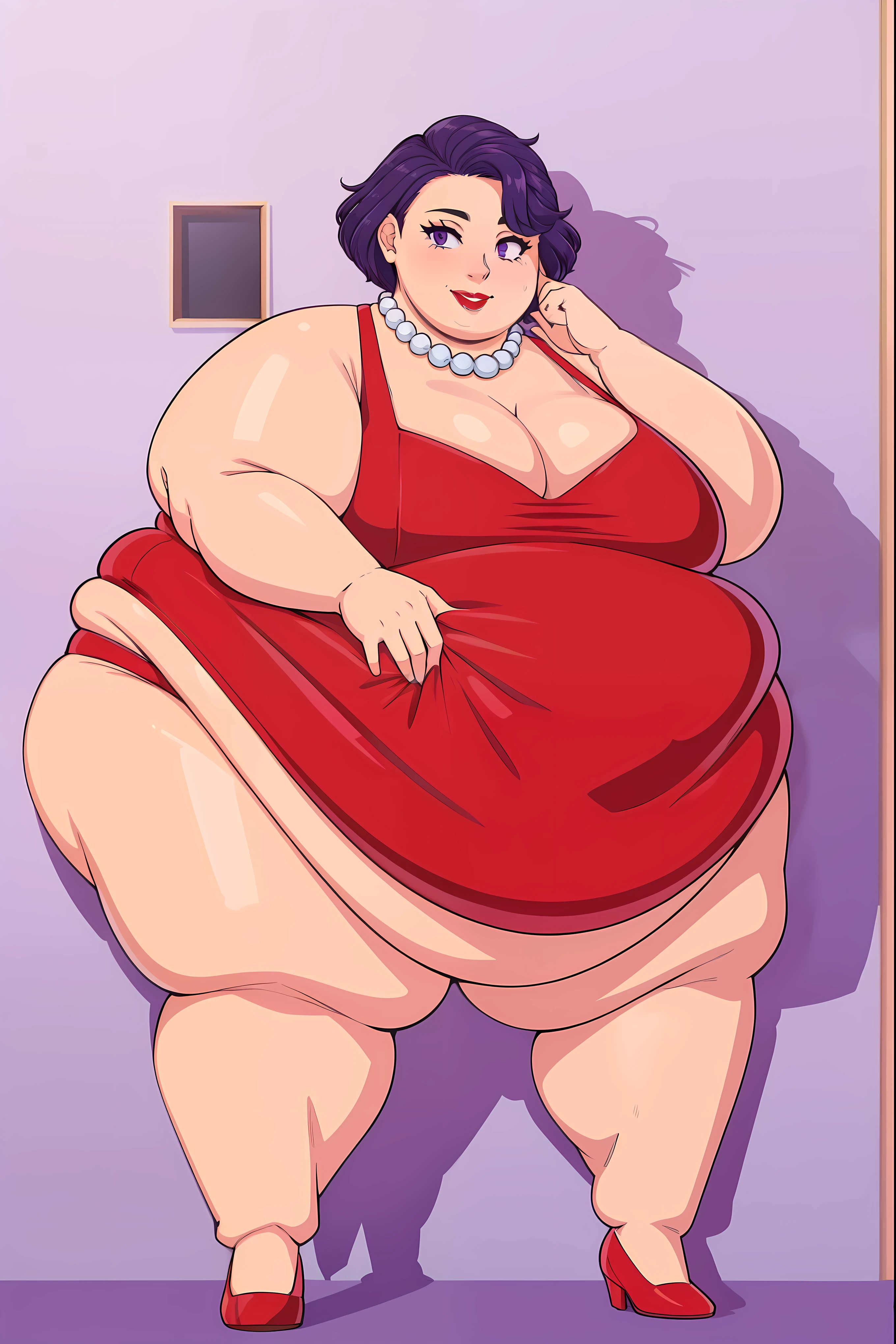 Middle aged, mommy, hands on hips, casual pose, smiling, Full body, bedroom, looking at viewer, Short bob haircut, Windswept Messy Bob purple Hair, eyeliner, (red dress), (red lipstick), (light blue pearl necklace), cleavage, milf, mature, (purple eyes) Round face, double chin, fat chin, fat cheeks, fat neck, round face, SSBBW, flabby arms, round face, double chin, fat double chin, big double chin, fat neck, chubby cheeks, fat thighs, fat calves, morbidly obese, flabby boobs, giant boobs, large belly, obese, fat face, belly, double chin, obesity, flabby breasts, fat arms and legs, fat everything,