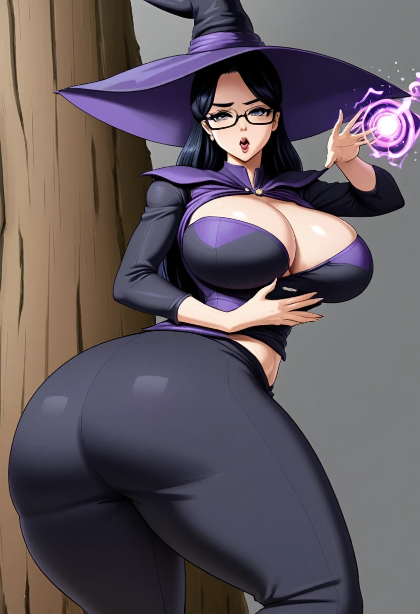 detailed illustration (side view),dynamic angle,ultra-detailed, illustration, pose for the camera, anime, clean line art  woman, milf, milf bod, black hair, long hair, single person, woman, witch, witch costume, pants, tight shirt, tone stomach, flat stomach, thick thighs save lives, mommy, Dommy mommy, birthing hips, pixar mom ass, hips for days, tree trunk thighs   Beautiful, youthful, college age, glasses, magic, sex symbol, massive breasts, big , deep cleavage 