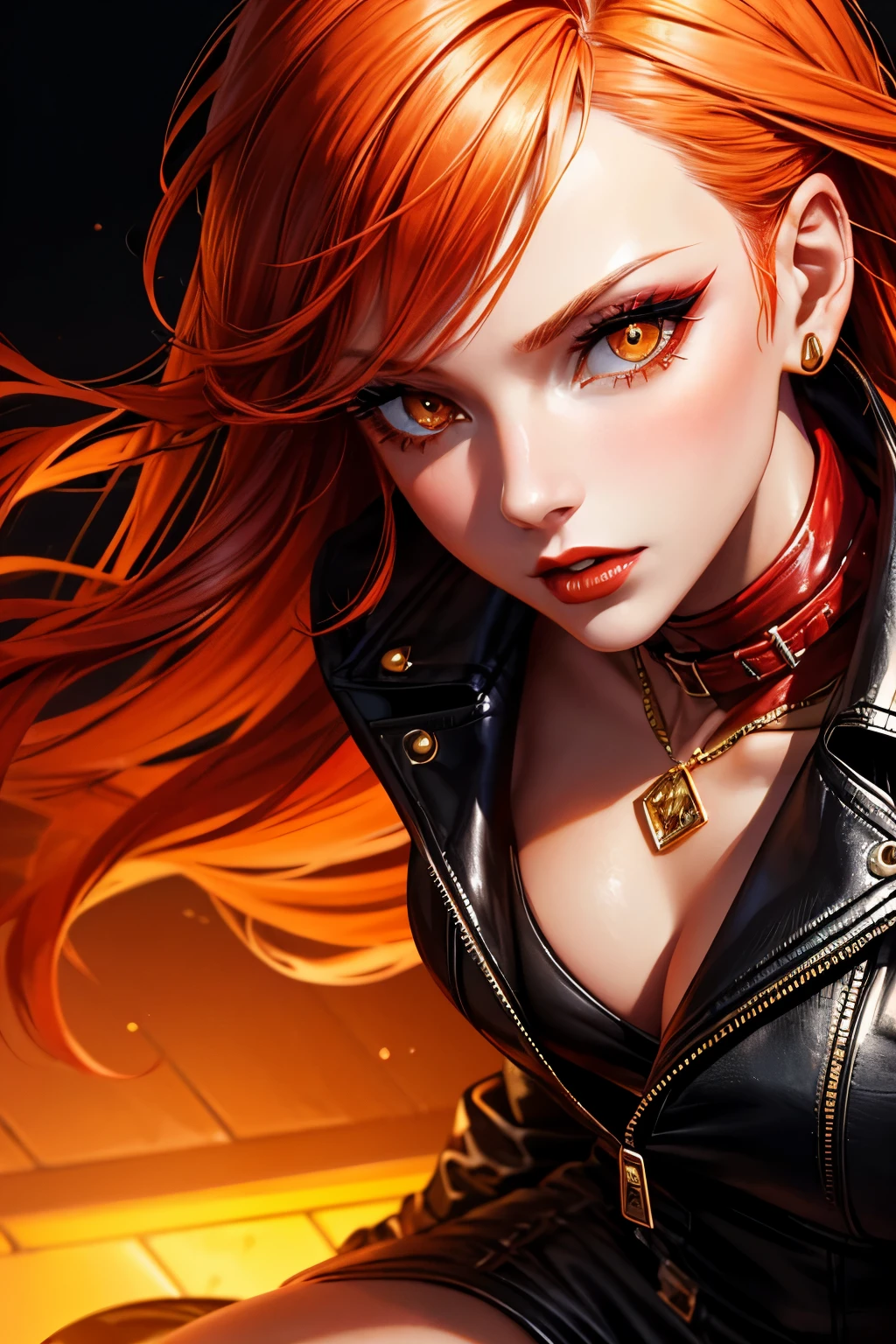 Woman, 30 years, dress, high-heeled boots, leather jacket, gold accessories, vibrant, red and orange hair, amber eyes, makeup, red lips, high detail, cinematic lighting, close-up, caustics, masterpiece, textured skin, super detail, high quality