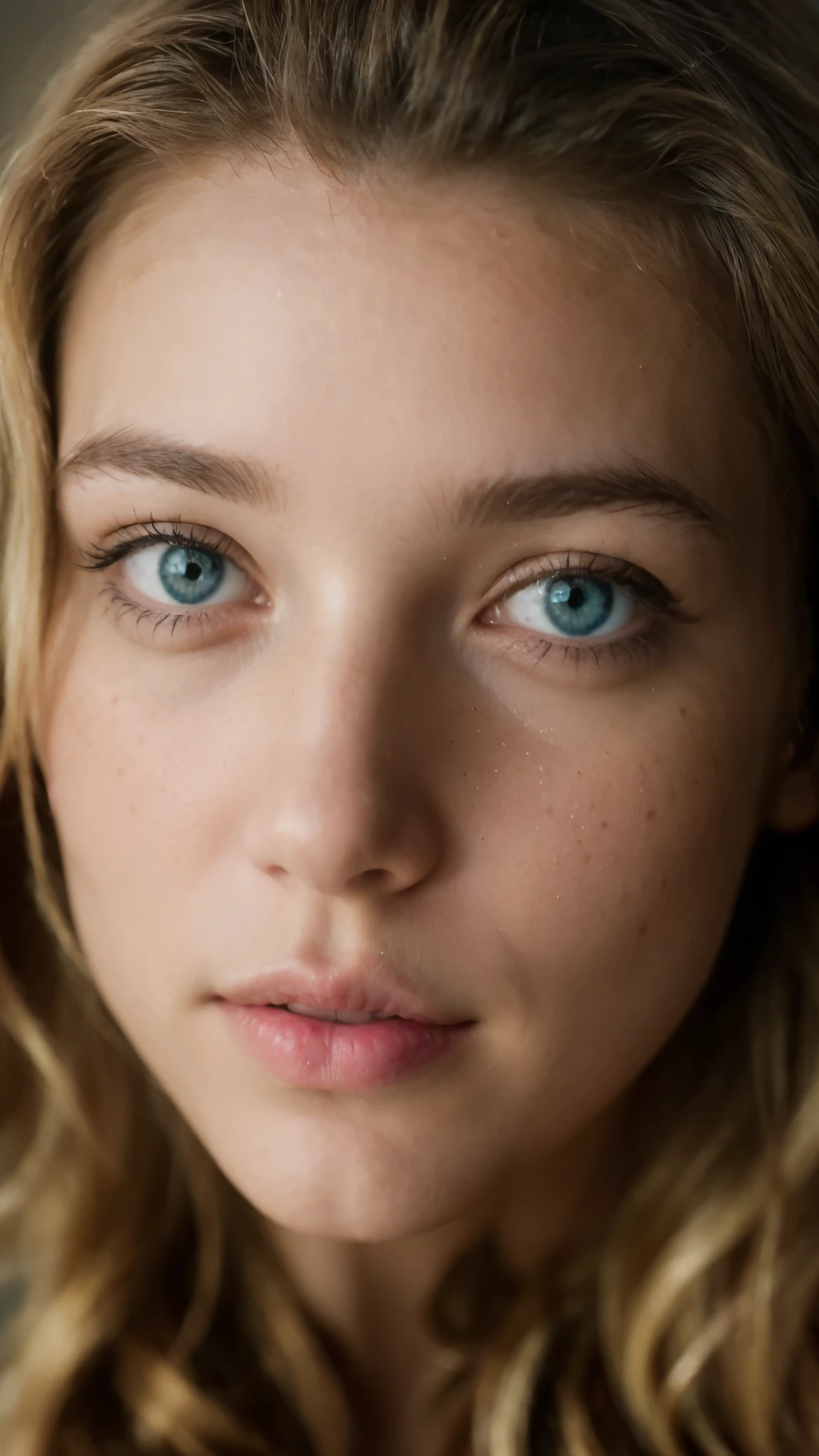 Create a close-up portrait of a woman with one eye with light blue and one eye with intense blue. Both eyes have also central heterochromia eith a light brown tone. Position the woman so that she faces the camera directly, ensuring that her eyes are the central focus. Her left eye should display central heterochromia, where a brown ring encircles the pupil, surrounded by a blue iris. 

Ensure her skin appears fair and smooth, with subtle freckles visible around her nose and cheeks to add authenticity and character. Highlight her soft, naturally pink lips, keeping them slightly parted for a relaxed and natural expression. Her eyebrows should be well-defined, darker blonde, and groomed to frame her eyes perfectly.

Her blonde hair should be styled to fall naturally in soft waves, framing her face to enhance the intimate and candid feel of the portrait. Utilize soft and diffused lighting, preferably natural light or a softbox, to minimize harsh shadows and highlight her facial features delicately. This lighting will add a warm and gentle glow to her skin, enhancing her natural beauty.

Use a high-resolution camera such as a Canon EOS R5 or a Nikon Z7, paired with a prime lens, likely a 50mm f/1.2 or an 85mm f/1.4, to achieve a shallow depth of field and a pleasing bokeh effect in the background. Set the camera to an ISO of 100 or 200 to maintain image clarity, with an aperture of around f/2.8 to f/4 to create a shallow depth of field that keeps the focus on her eyes while gently blurring the background. Use a shutter speed of 1/200 seconds to ensure the image is sharp and free of motion blur.

The composition should follow a symmetrical approach, centering her face in the frame to draw attention directly to her eyes. The shallow depth of field will isolate her from the background, enhancing the focus on her unique eye colors and facial features. Ensure her expression is calm. 4k full hd picture.