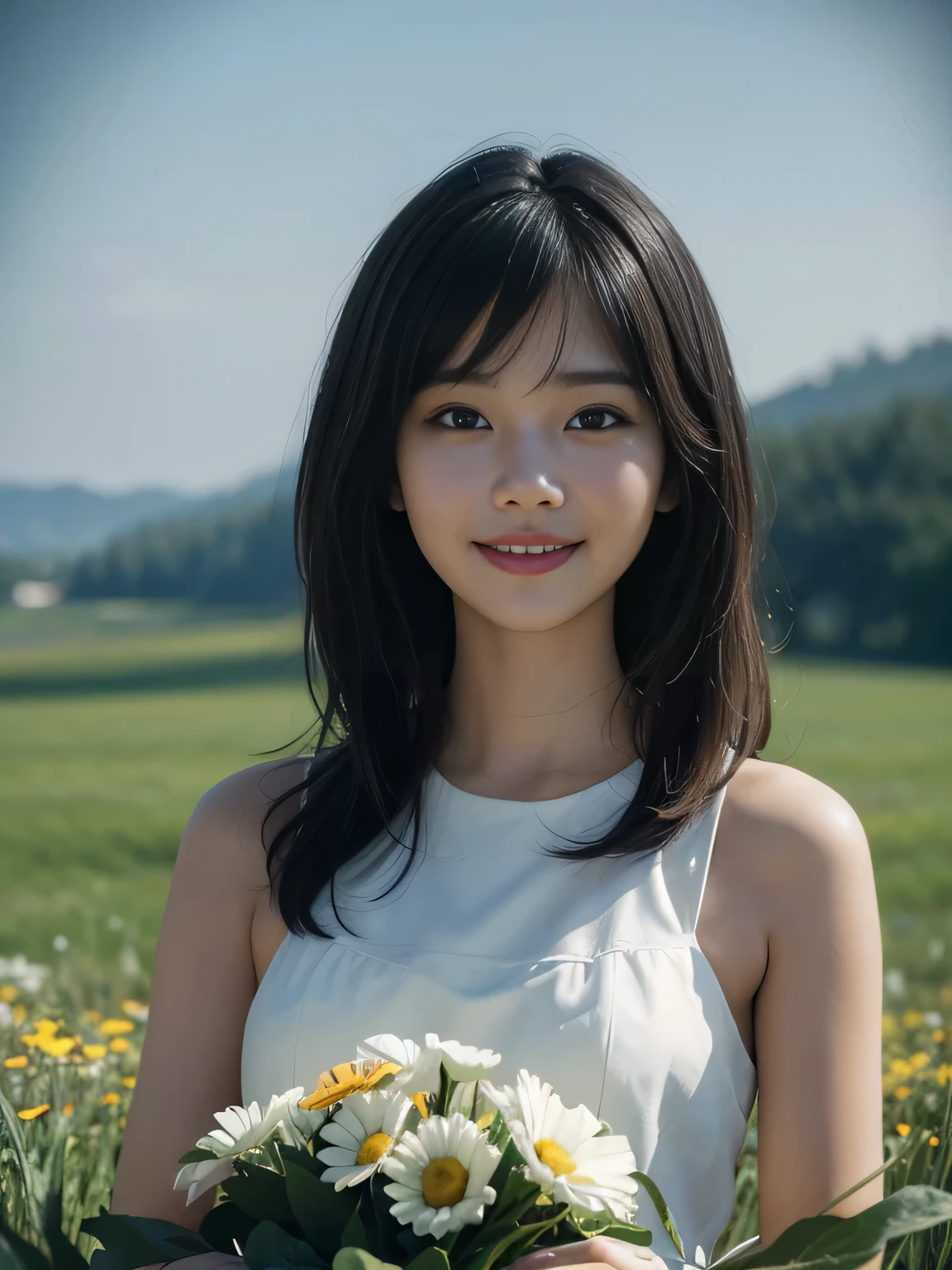 (ultra realistic), (best illustration), (increase resolution), (8K), (masterpiece), (wallpaper), solo, 1 girl, looking at viewers, black straight hair, in the dark, deep shadow, low key, pureerosfaceace_v1, happy smile, simple dress, meadow