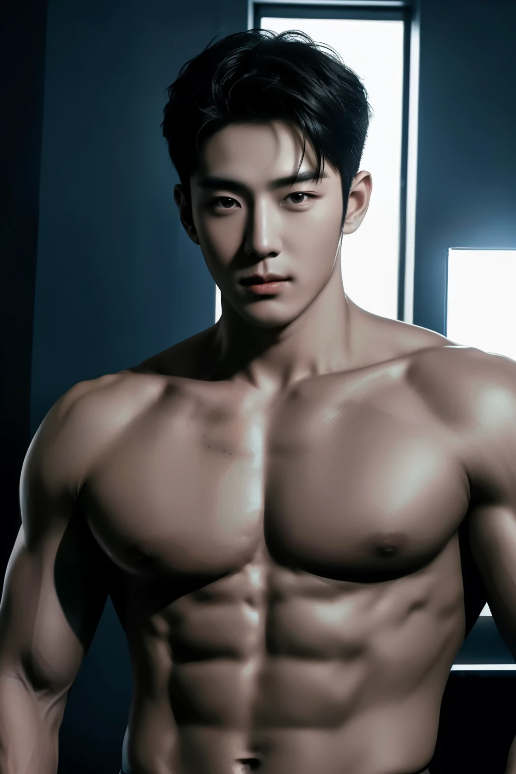 Korean male portrait, Korean handsome face, perfect face, muscular body, half naked, big breasts muscle, deliberate, masterpiece, best quality, highest quality, cinematic lighting, very handsome, ultra realistic, gorgeous,