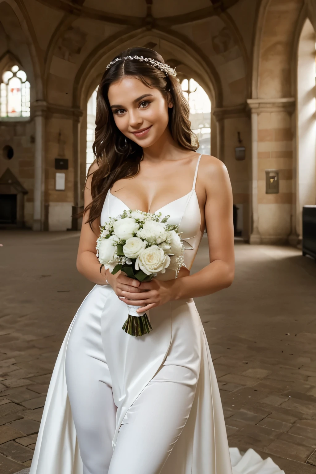 The picture shows a beautiful young brunette woman, who wears a white tight wedding dress, Standing in a large ballroom, verschwommene Lichter im Hintergrund. She holds a bouquet of flowers in her hand, and her elegant appearance suggests, dass sie eine Braut ist. braungebrannt, glatte haare, ausschnitt, sehr attraktiv, latina, nice place, romantische Landschaft, a romantic atmosphere. The bride smile and show the presence of the bouquet, that she is happy and excited about her special day. Ein Mann mit dunklen haaren steht dabei. gutaussehend.