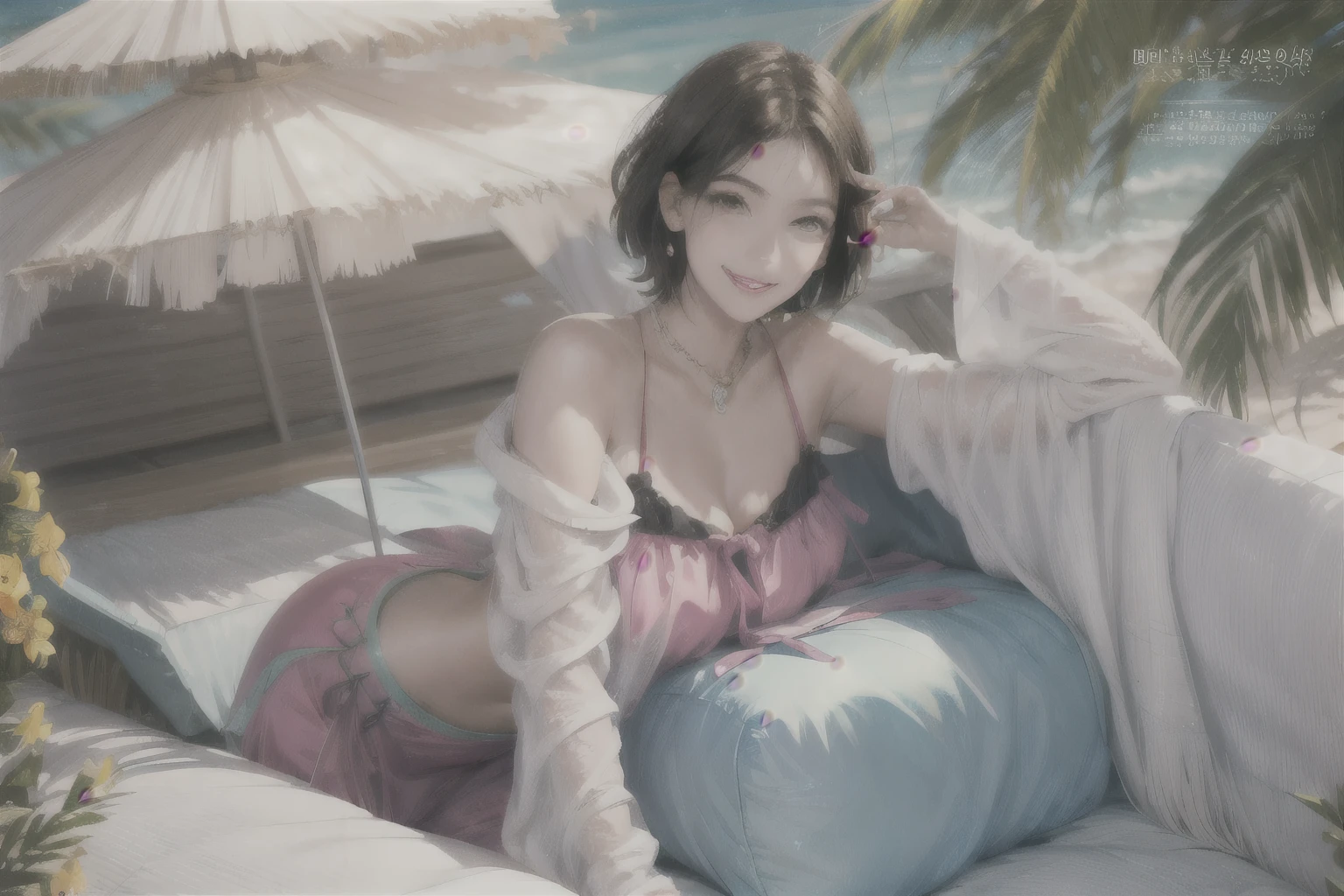 234 20-year-old female, short hair, Summer travel magazine, A kind smile, lipstick, Photo quality