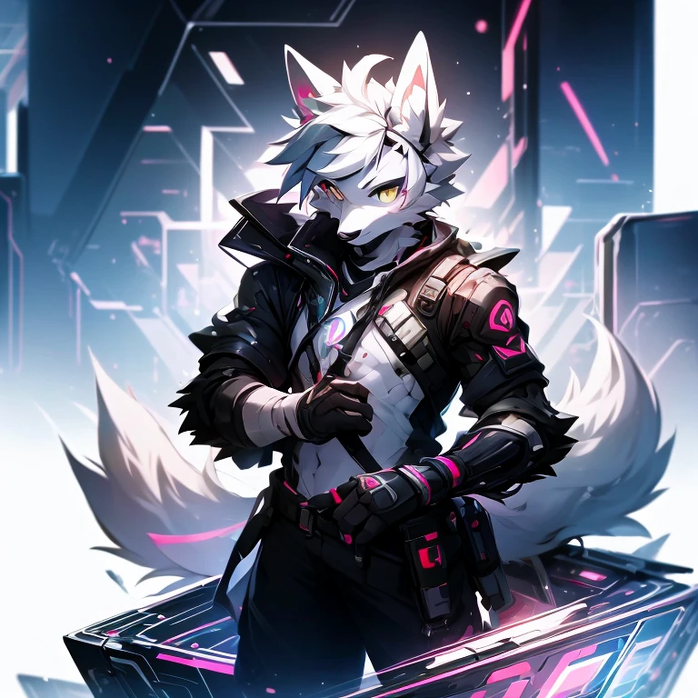 cyber punk perssonage,epcot,Tech style,solo person,White body,White ears,White hair,Overall white,Orange-yellow eyes,Wolf tail,Wolf orcs,Young,Wear a short-sleeved shirt,Ultra-clear screen,Soft lines