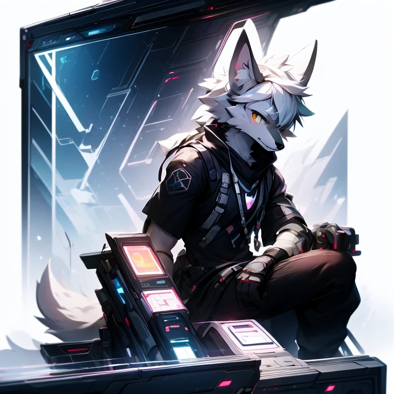cyber punk perssonage，epcot，Tech style，solo person，White body，White ears，White hair，Overall white，Orange-yellow eyes，Wolf tail，Wolf orcs，Young，Wear a short-sleeved shirt，Ultra-clear screen，Soft lines