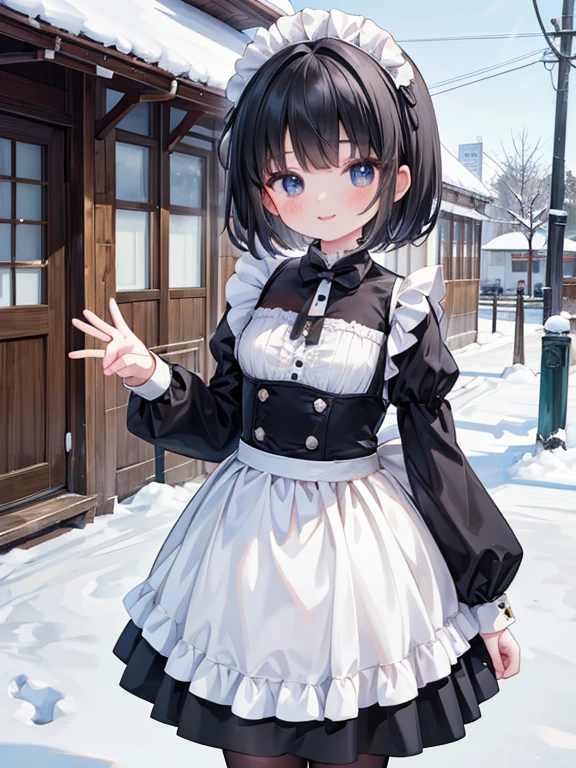 masterpiece, highest quality, Very detailed, 16k, Ultra-high resolution, Cowboy Shot, Detailed face, Perfect Fingers, A -yeld gi black eye, smile, Black Hair, short hair, Black maid outfit, cs, In town, stroll, Snow Town, it&#39;s snowing