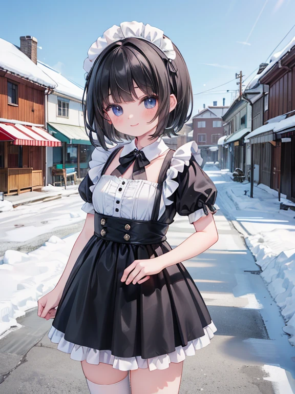 masterpiece, highest quality, Very detailed, 16k, Ultra-high resolution, Cowboy Shot, Detailed face, Perfect Fingers, A , black eye, smile, Black Hair, short hair, Black maid outfit, cs, In town, stroll, Snow Town, it's snowing