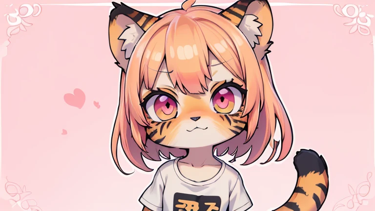 (obra maestra, Alta calidad, mejor calidad, 8K, high resolution), ((estilo chibii, Chibi lindo)), (solo, 1 girl), {Tiger Girl, cara de tigre, 2 colmillos, long eyelashes, delineador de ojos} {bigotes de tigre}, (((Piel de tigre por todo el cuerpo., Rayas de tigre en el cuerpo.))), (pelo naranja), cabello corto, Pinza para el cabello, [[Pinza para el cabello white flower on hair]], ((Muy feliz)), ((boca abierta)), ojos naranjas, [pupilas negras], ((buscando)), (very small breasts), brazos delgados, (un brazo arriba, un brazo hacia abajo), axilas, ((mini camiseta rosa, camiseta rosa completa)), {shorts blancos}, {{{mini cola de tigre, Cola en la espalda}}}, (cuerpo completo), (((de pie, jump angle))), dynamic pose, Fondo blanco, fondo sencillo, ((((Estilo Tora-chan no Hanayome)))), (old anime style 40s), estilo animado, anime color.