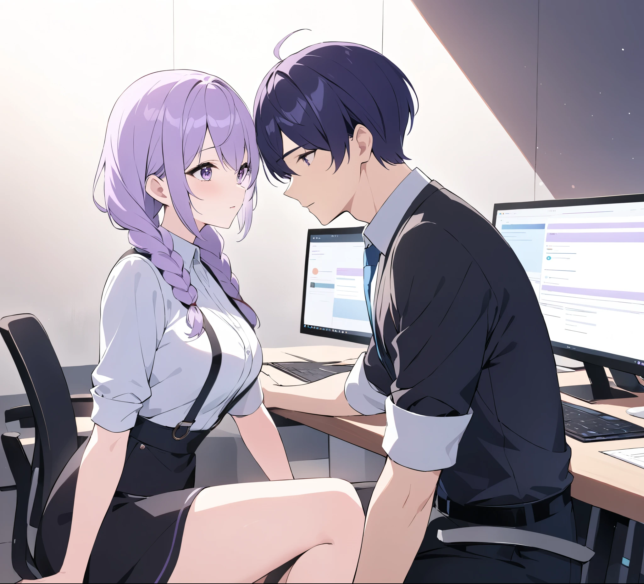 A captivating illustration portraying a blossoming romance between a man and a woman((1 male, 1 woman with purple and white gradient double braids)) in the office. The art form resembles a subtle and sophisticated digital painting, capturing the nuances of their relationship. The scene is set in a modern office space, with sleek desks, computers, and a backdrop of bustling professionals. The man and woman are seated close to each other, engrossed in a heartfelt conversation. Their body language exudes warmth and familiarity, hinting at their connection. Soft, natural lighting fills the room, creating a warm and inviting atmosphere. The overall result is a tender depiction of an office romance, showcasing the delicate balance between work and love in a professional setting.