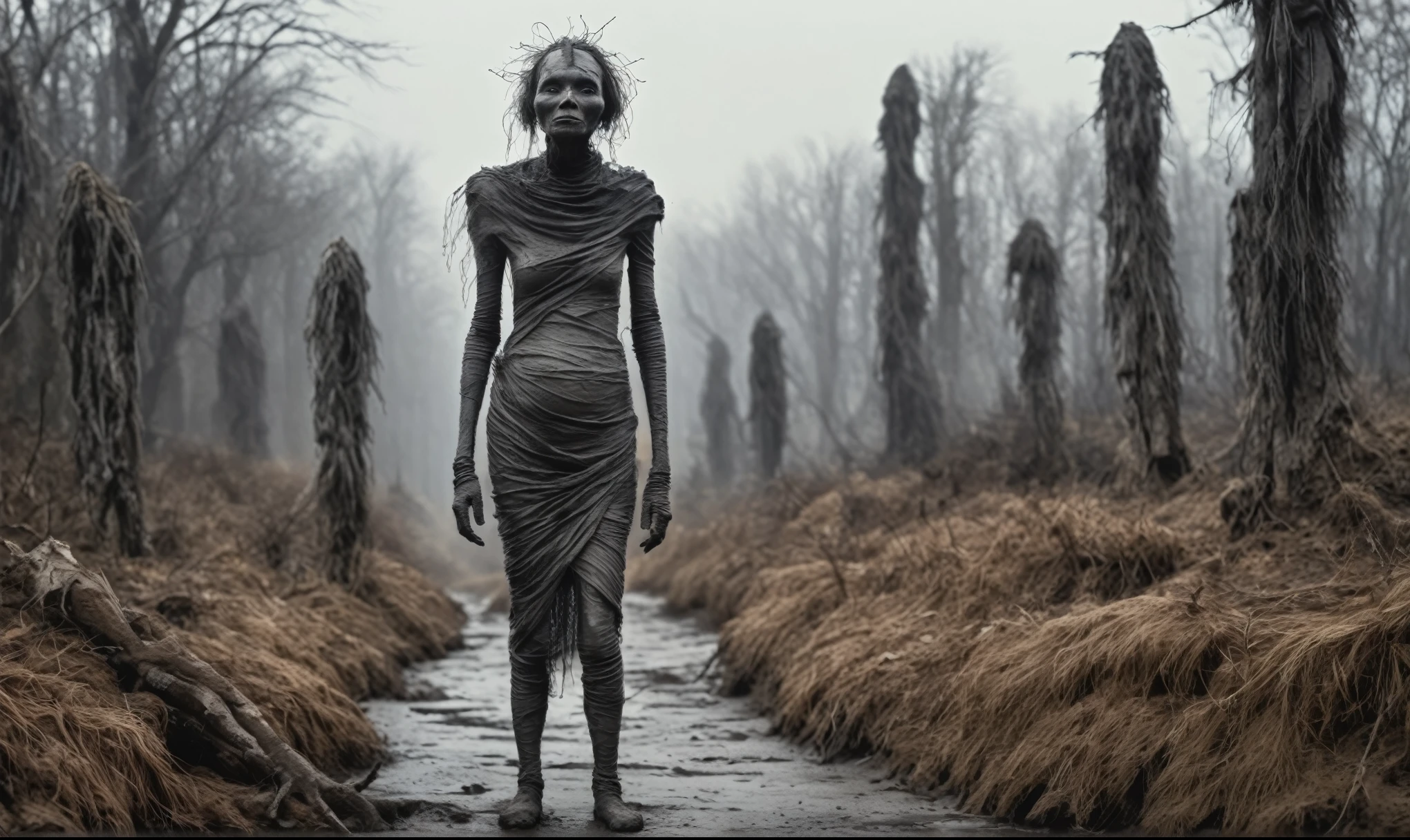full body length shot, oldest funny fairy's mummy who can't almost fly,Stone Forest in Yunnan Province of China,Giethoorn of Netherlandsnatural skin textures, hyper realisitc, hyper detailed,Extremely detailed,High contrast,Realistic, back view,full body length,evil ghost of Hobgoblin,once pretty face,intricate details,realistic humid skin,extremely intricate details,anatomically correct, eyes extremely detailed, high detailed eyes,High contrast,Ultra HD,Retina,HDR,photo,Masterpiece, natural skin textures, hyper realism,hyper detailed,Realism,Ultra Detailed,irina yermolova, close full body shot,16K resolution,RAW, Nikon Z9,full body length,charcoal goblin,native irish,ominous landscape,niobium radioactive atmosphere, Simon Stalenhag,Nicola Samori,Wangechi Mutu,jibaro,funny mummy wrapped in charcoal bandage