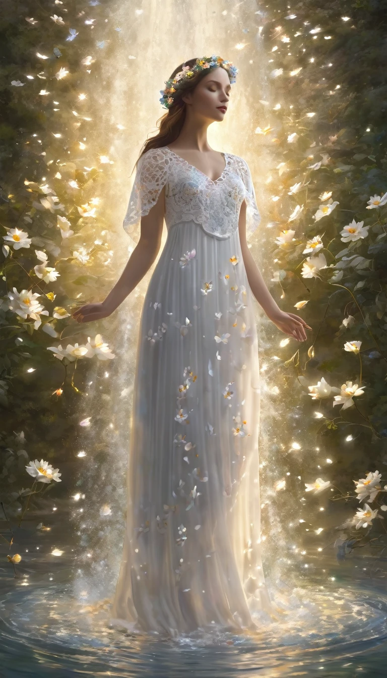 A woman in a white lace dress decorated with floral patterns stands amidst floating petals, her realistic figure emphasized by the stream of light forming a soft halo, Her realistic figure is emphasized by the stream of light that forms a soft halo,
