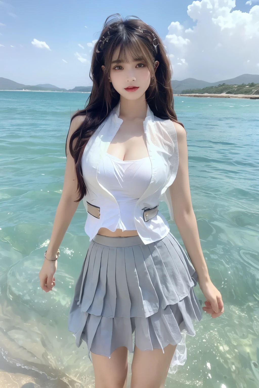 Beautiful woman with perfect body：1.4，Layered Hairstyle，Prominent cleavage，Highly detailed face and skin textures，Double eyelids，Skin Whitening，Long hair，Whitened long legs，（Transparent vest，Pleated Skirt）Standing by the sea