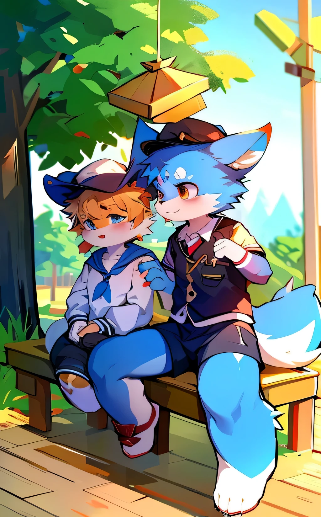 Blue fur, Canine, fox motif, boy, uniform,School,classroom,hat,