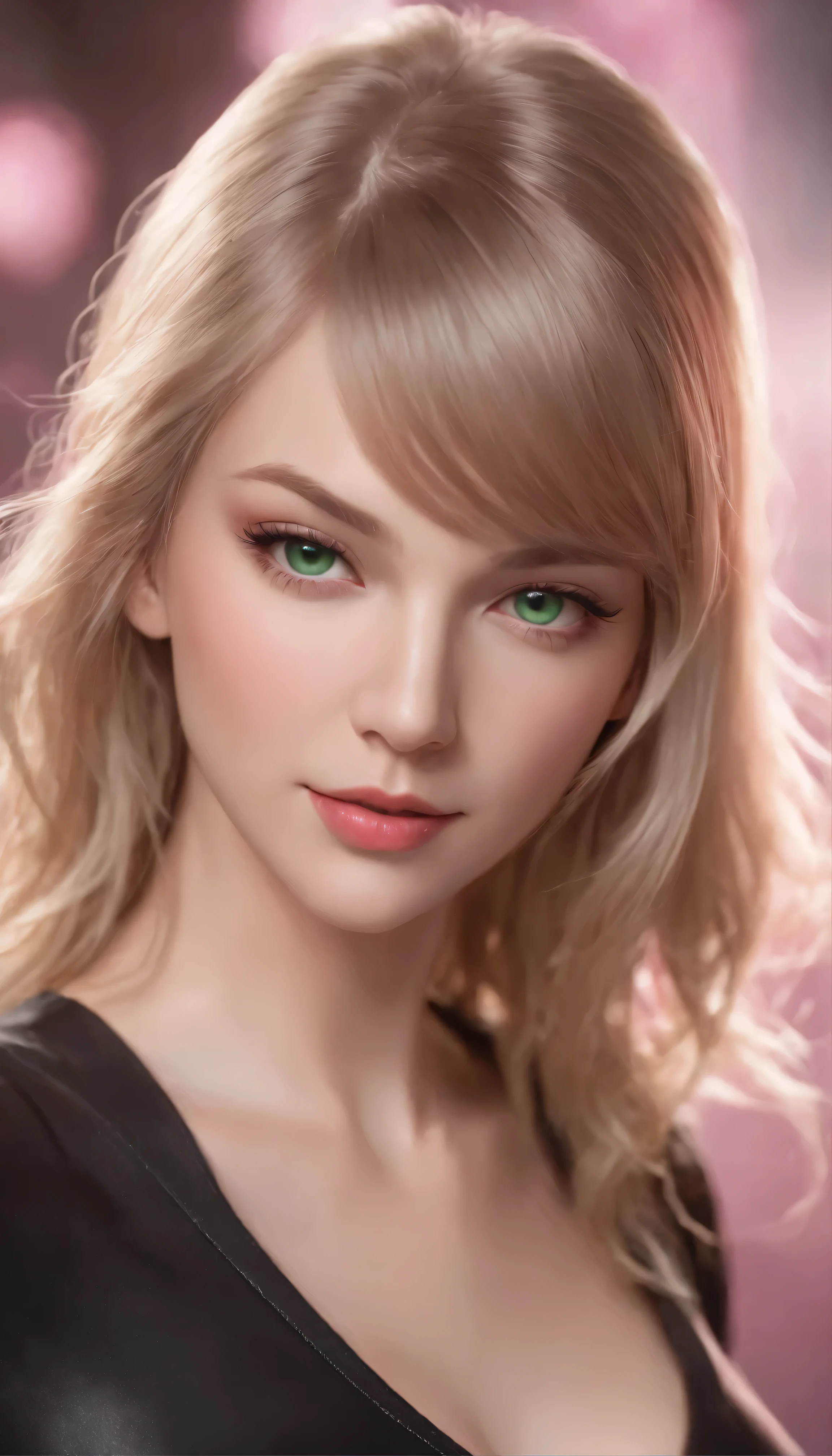 Blonde Hair、Green Eyes、Taylor Swift images with facial details，Woman in anime realistic art style with pink Batman logo in black top 4K realistic digital art featuring portrait by RossDraws and Artgerm、Anime meets photorealism in 8K Artgerm Bokeh、Blonde Hair、Green Eyes、Highly detailed digital DeviantArt of a woman with a pink Batman logo on a black top、Artstation、Featured on CG Society。Full body high quality images