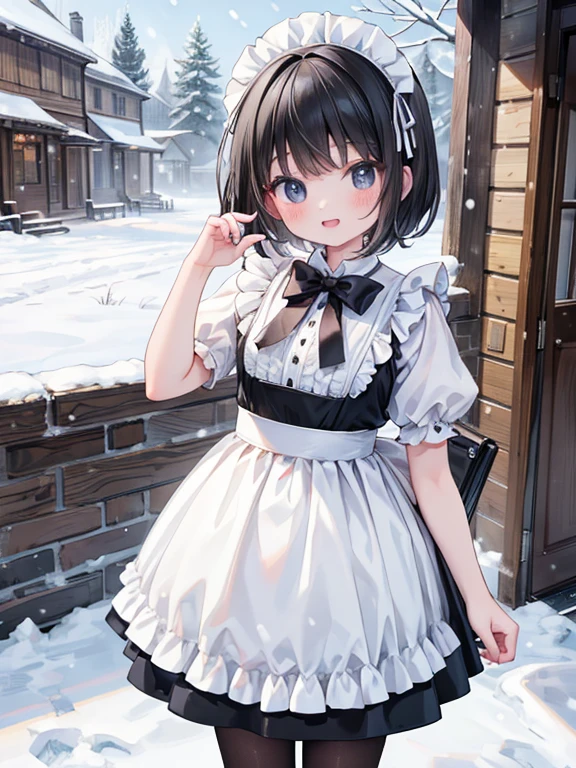 masterpiece, highest quality, Very detailed, 16k, Ultra-high resolution, Cowboy Shot, Detailed face, Perfect Fingers, A -yeld gi black eye, smile, Black Hair, short hair, Black maid outfit, In town, stroll, Snow Scene, it keeps snowing