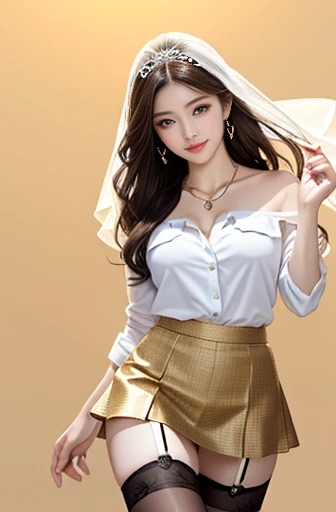 (8K Ultra HD、Digital SLR Camera、Soft Light、high quality、Volumetric Lighting、frank、photo、high resolution、4k、8K、Bokeh)，(Rich details on the eyes and face，warm color, Very saturated colors，Show a charming smile, Perfect face, Pretty Face, black eyes，Skin is transparent and visible, Shirasawa skin，cosmetic, necklace, Jewelry，veil，Hair accessories)，(Create stunning images of real girls, warm light, Dynamic poses, Elegant Posture, Cowboy lens, Look confident from the front，Facing the camera，Standing，Open your legs slightly，Golden Ratio Graphics，Minimalism, ), （Study background）, Chinese female students，brown hair、Gradient hairstyles，（Sexy，Perfect breast shape、Very detailed breasts，34E cup），Transparent Large Loose Thin Shirt，Short skirt，Sexy蕾丝内衣，（Smooth knee socks、garter、腿部garter）