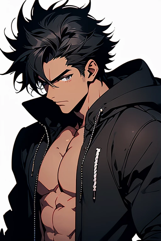 ((character)), (best quality)), ((masterpiece)), (detailed), ((white background)), black garb, solo, 1boy, male focus, stark_sousou_no_frieren, black hair, shirtless, black hoodie, dark skin, muscular, gauntlets, messy hair, anime,