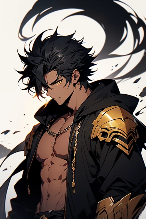 ((character)), (best quality)), ((masterpiece)), (detailed), ((white background)), black garb, solo, 1boy, male focus, stark_sousou_no_frieren, black hair, shirtless, black hoodie, dark skin, muscular, gauntlets, messy hair, yellow eyes, anime,