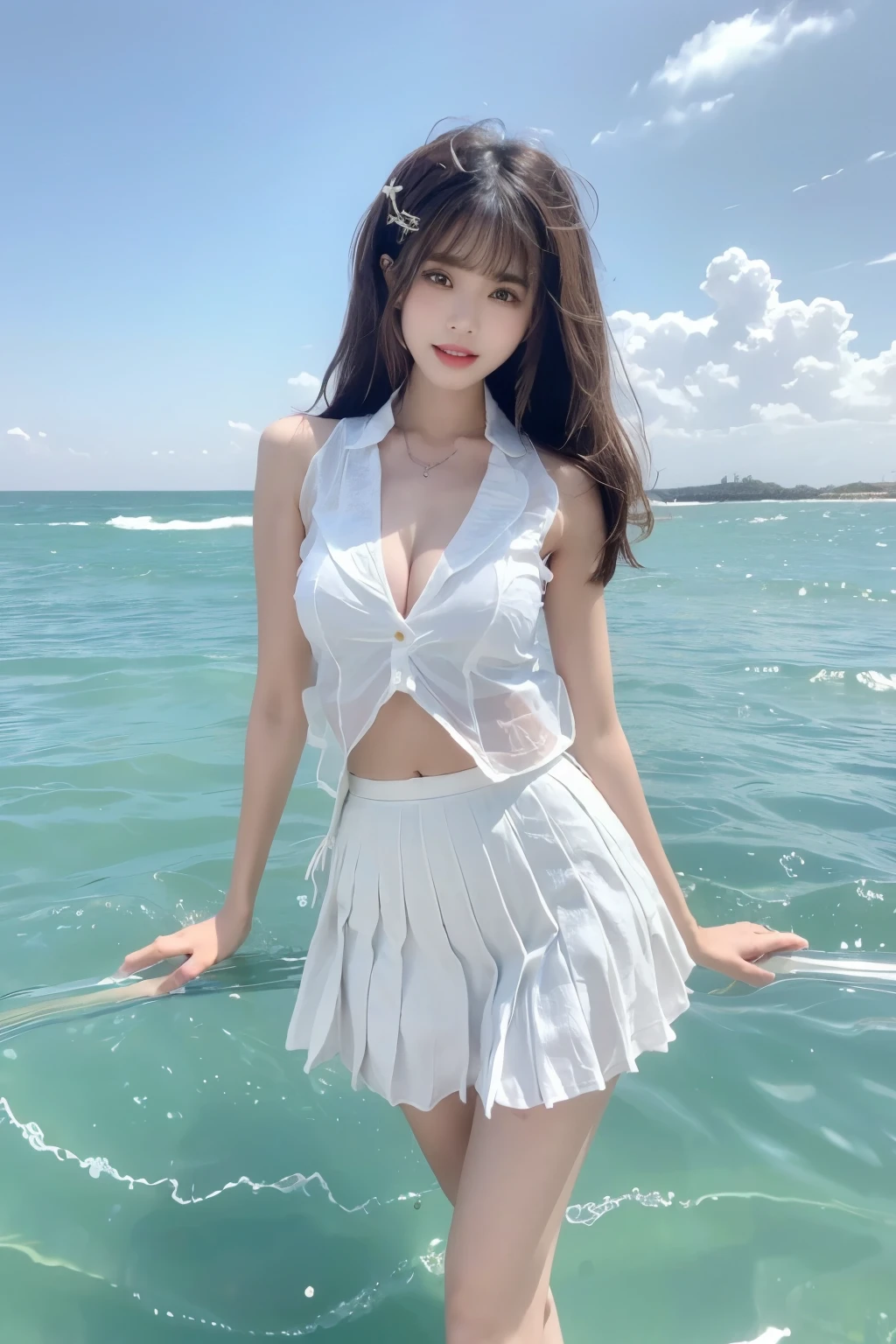 Beautiful woman with perfect body：1.4，Layered Hairstyle，Prominent cleavage，Highly detailed face and skin textures，Double eyelids，Skin Whitening，Long hair，Whitened long legs，（Transparent vest，Pleated Skirt）Standing by the sea