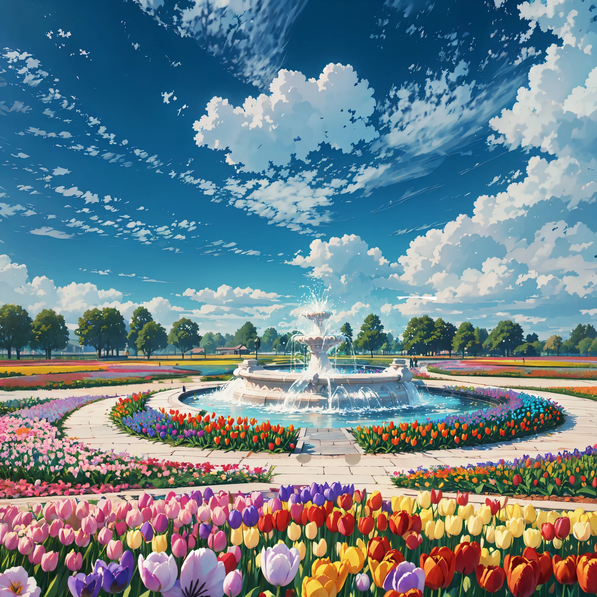 (Photorealistic)、 An elaborate botanical garden:1.5,highest quality, masterpiece l(1.4), (Vibrant and colorful flower fields,),A large fountain in the center,Gentle white sidewalk,(Colorful tulips,), , With soft brushstrokes and pastel colors.