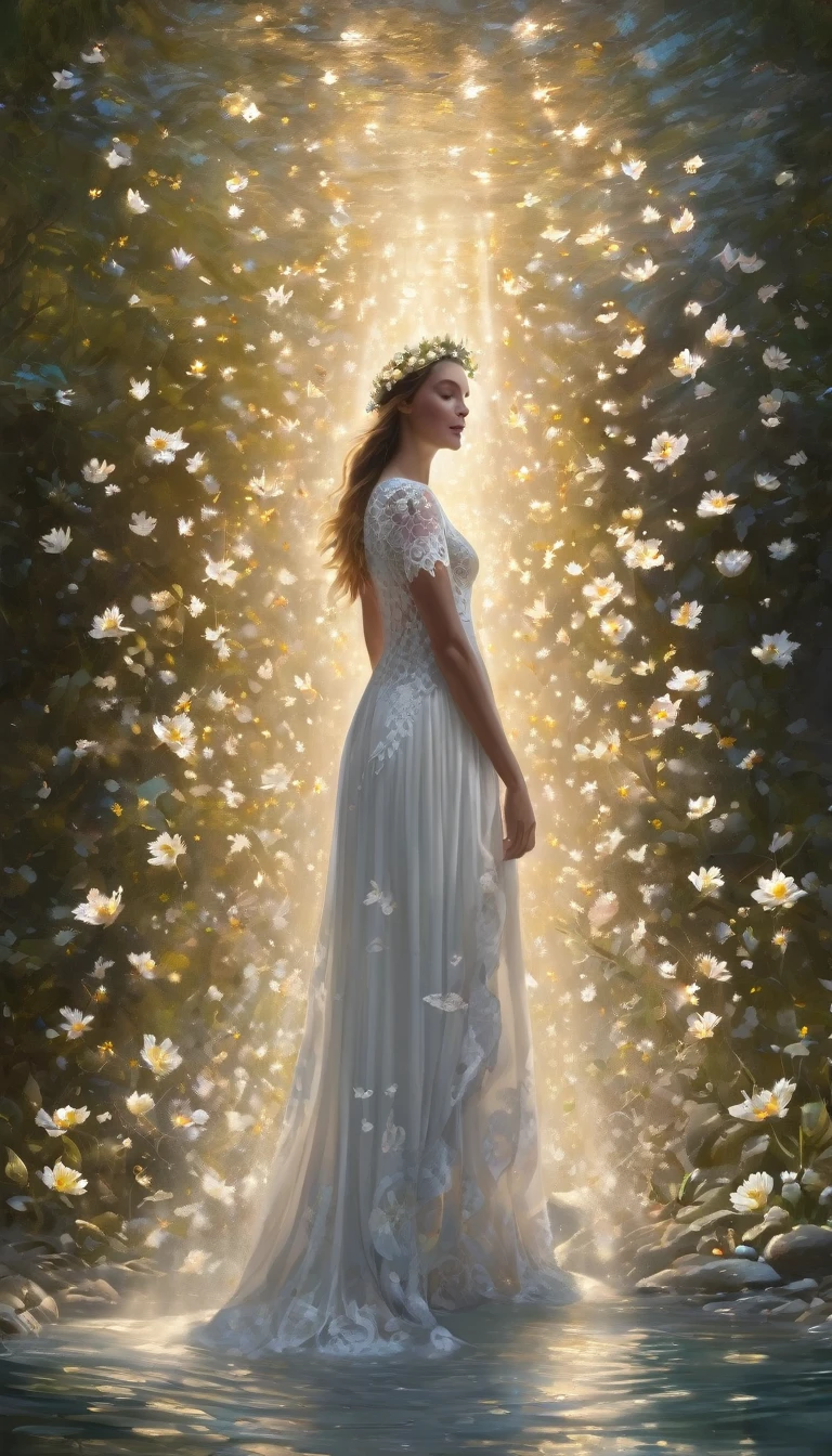 A woman in a white lace dress decorated with floral patterns stands amidst floating petals, her realistic figure emphasized by the stream of light forming a soft halo, Her realistic figure is emphasized by the stream of light that forms a soft halo,