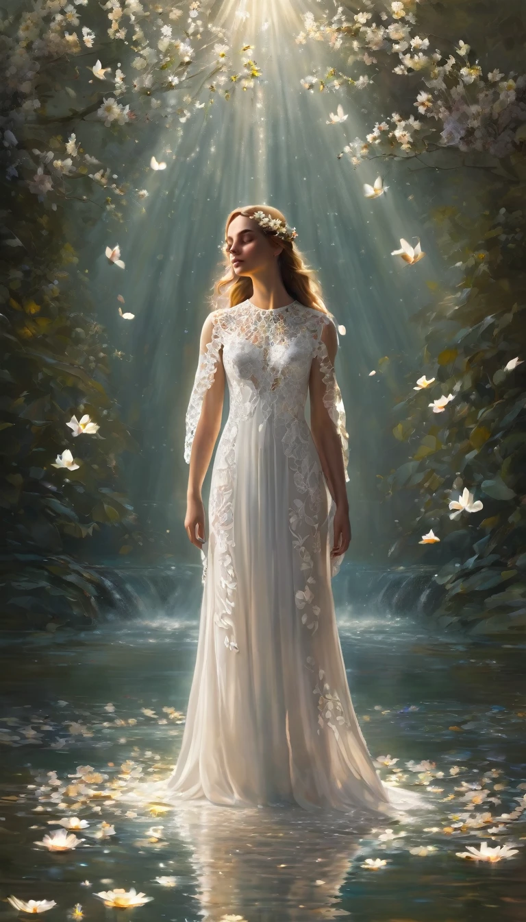 A woman in a white lace dress decorated with floral patterns stands amidst floating petals, her realistic figure emphasized by the stream of light forming a soft halo, Her realistic figure is emphasized by the stream of light that forms a soft halo,
