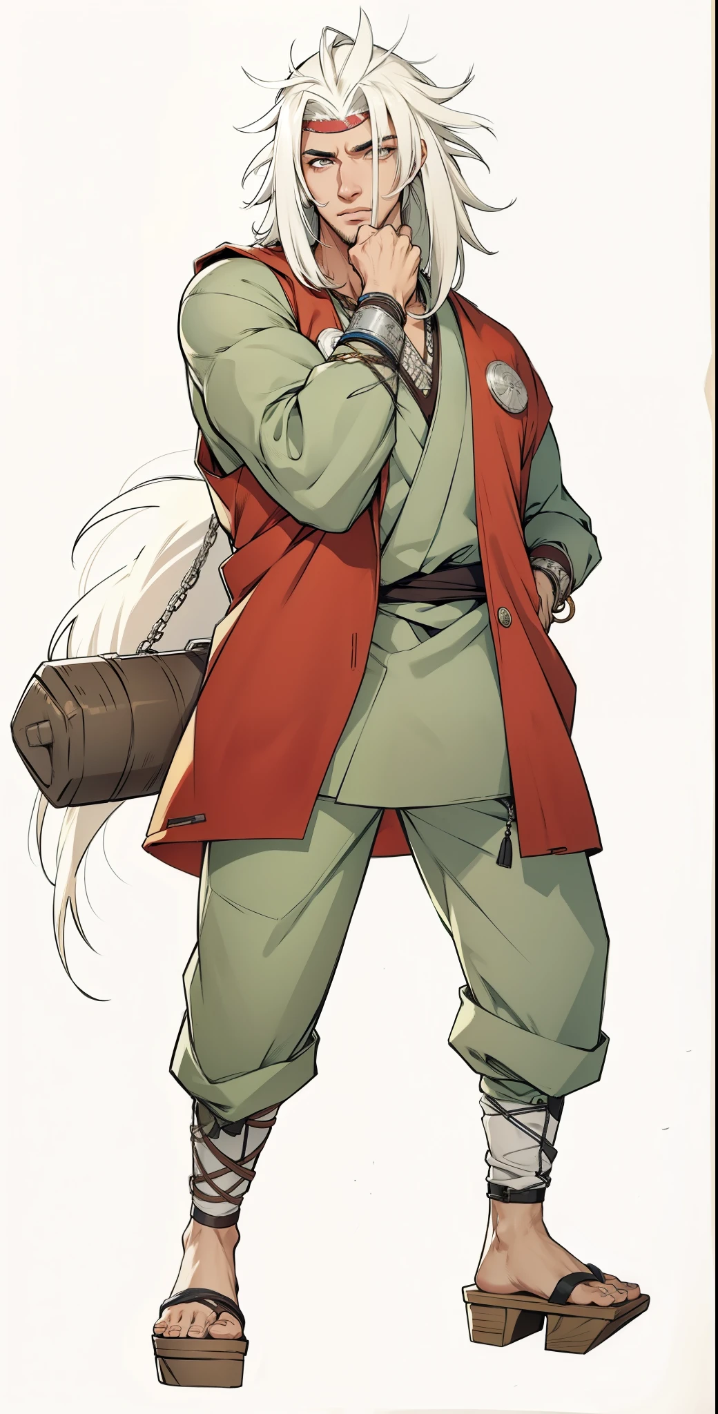 1 Homen, Jiraya, extremamente realista, muito lindo, cabelo branco, Hand on face, Fitness
