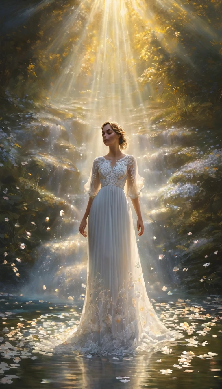 A woman in a white lace dress decorated with floral patterns stands amidst floating petals, her realistic figure emphasized by the stream of light forming a soft halo, Her realistic figure is emphasized by the stream of light that forms a soft halo,