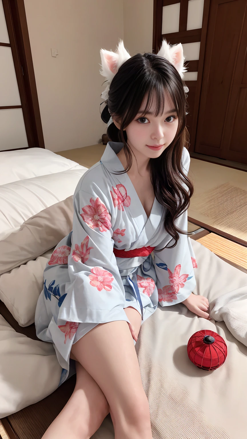 18 year old girl:1.5, just out of the bath:1.5,lying face down on the futon:2,A sexy white yukata is draped over a prone body as a comforter.:1.75,The yukata obi is not attached.:1.95,Inside the inn room:1.2, very dim lighting:1.2,medium long hair, All hair color is white:1.75, wavy wet hair,It has big white cat ears on its head.,dark eyebrows,Face red with embarrassment:1.5,slender physique,medium breasts,thin waist,big ass, thin thighs, thin ankles,Super high quality,Detailed depiction,4K, Raw photo, (open leg), (open yukata)