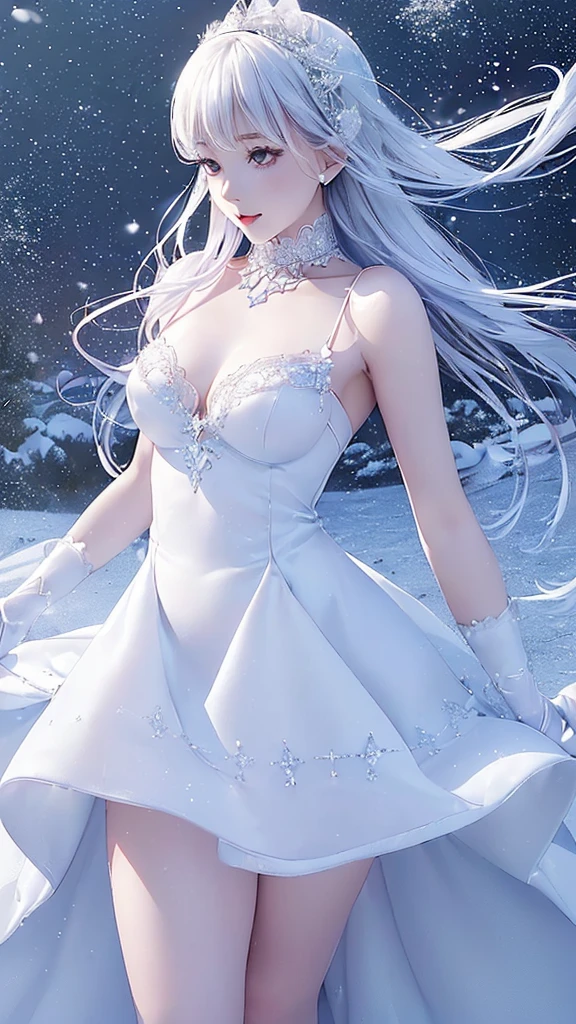((Highest quality))((Delicate details))((Slender girl))((Highest quality))Snow White、Princess、((Distinguished adult woman))、((Small breasts))White long dress、((Powdery snow weather))((White garter stockings))((Giant snow castle))Snowfield、((Standing in a snowy field))、((Pure white skin))((Very gorgeous crystal necklace))((A slim, skin-tight dress))