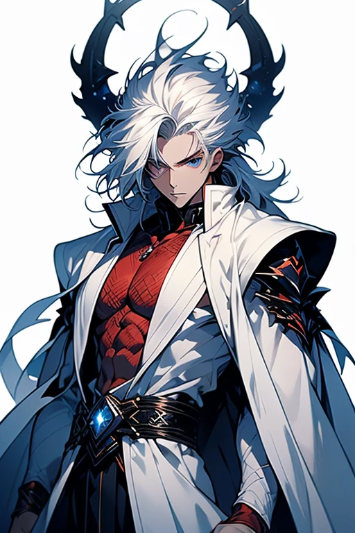 ((character)), (best quality)), ((masterpiece)), (detailed), ((white background)), white garb, solo, 1boy, male focus, stark_sousou_no_frieren, white hair, shirtless, long coat, pale skin, muscular, red horns, messy hair, blue eyes, anime,