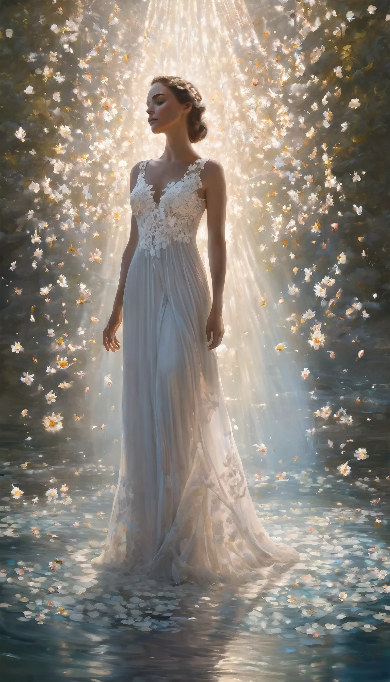 A woman in a white lace dress decorated with floral patterns stands amidst floating petals, her realistic figure emphasized by the stream of light forming a soft halo, Her realistic figure is emphasized by the stream of light that forms a soft halo,