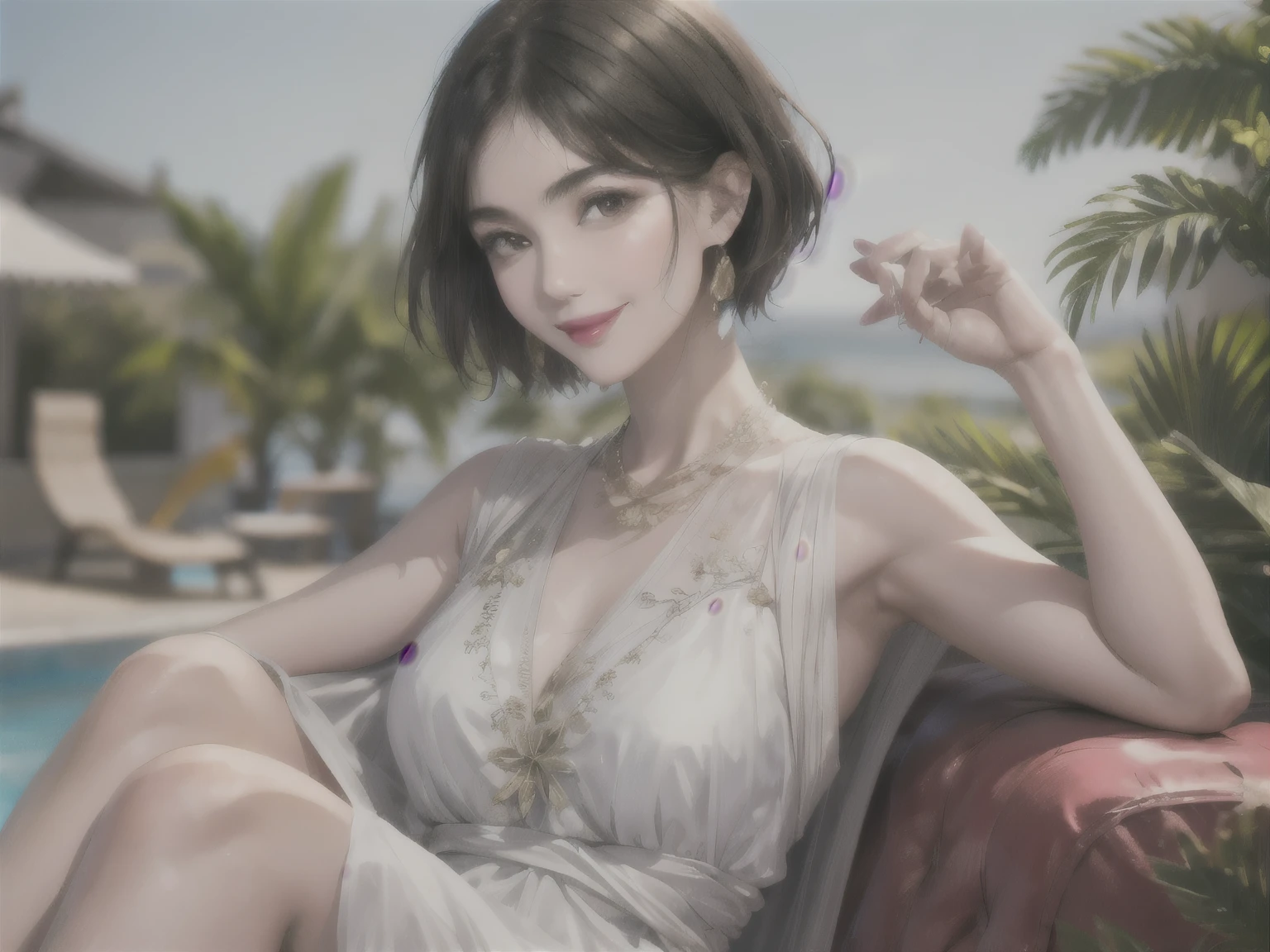 234 20-year-old female, short hair, Summer travel magazine, A kind smile, lipstick, Photo quality