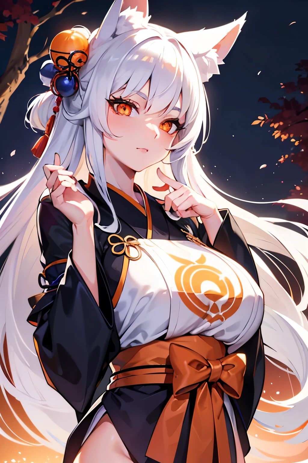 Spirit fox, sexy, bright eyes, white hair, fox ears, loom at viewer, beatifull girl, seductive gaze, sexy pose, orange eyes, fox eyes, eyeliner, japanese clothing.