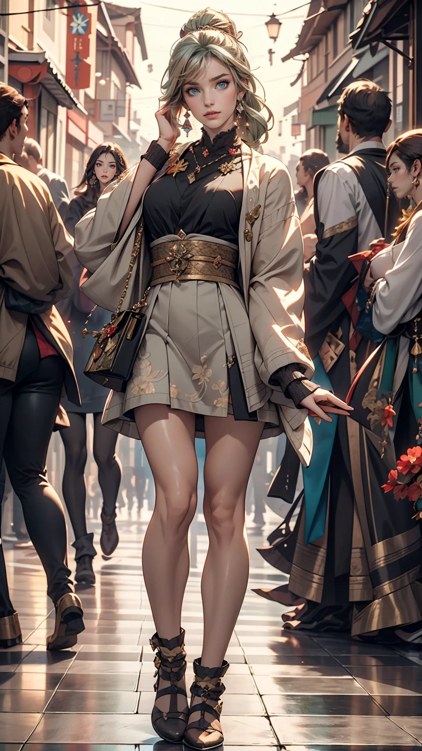masterpiece , highest quality,Nahida(Genshin Impact) ,One girl , Small breasts,Long Hair ,Side Ponytail, hair ornaments , Gray Hair , Green Hair , Place your hands behind your head:1.5,Multicolored Hair, Fairy , Pointed Ears , , skirt ,cardigan,road , street,Looking at the audience