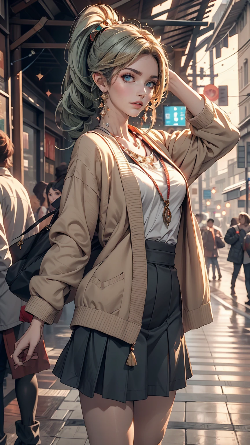 masterpiece , highest quality,Nahida(Genshin Impact) ,One girl , Small breasts,Long Hair ,Side Ponytail, hair ornaments , Gray Hair , Green Hair , Place your hands behind your head:1.5,Multicolored Hair, Fairy , Pointed Ears , , skirt ,cardigan,road , street,Looking at the audience