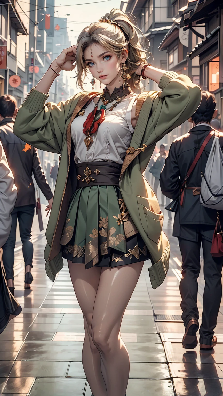 masterpiece , highest quality,Nahida(Genshin Impact) ,One girl , Small breasts,Long Hair ,Side Ponytail, hair ornaments , Gray Hair , Green Hair , Place your hands behind your head:1.5,Multicolored Hair, Fairy , Pointed Ears , , skirt ,cardigan,road , street,Looking at the audience
