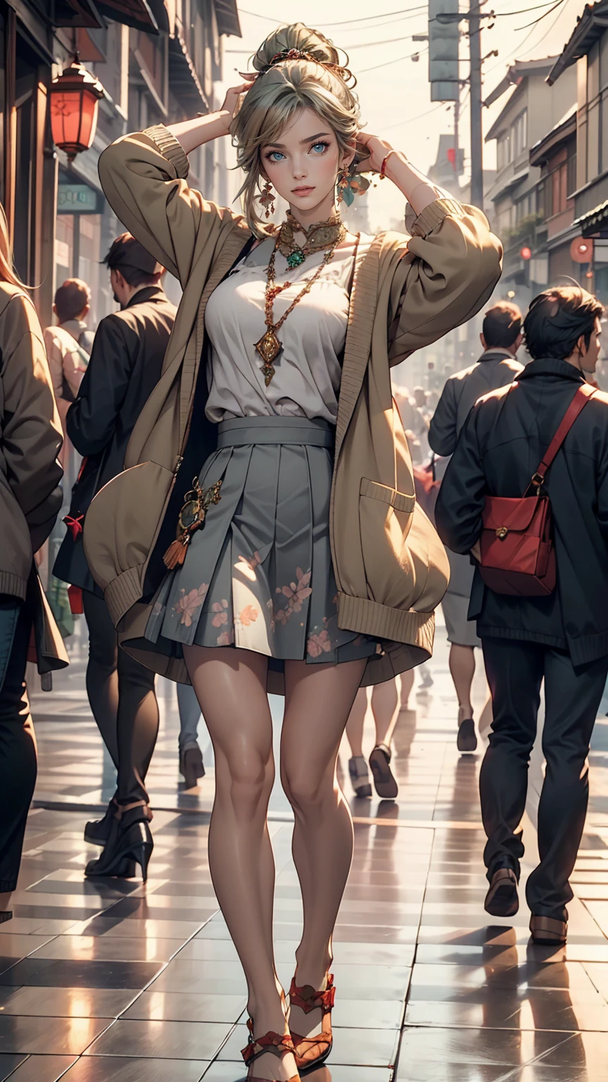 masterpiece , highest quality,Nahida(Genshin Impact) ,One girl , Small breasts,Long Hair ,Side Ponytail, hair ornaments , Gray Hair , Green Hair , Place your hands behind your head:1.5,Multicolored Hair, Fairy , Pointed Ears , , skirt ,cardigan,road , street,Looking at the audience