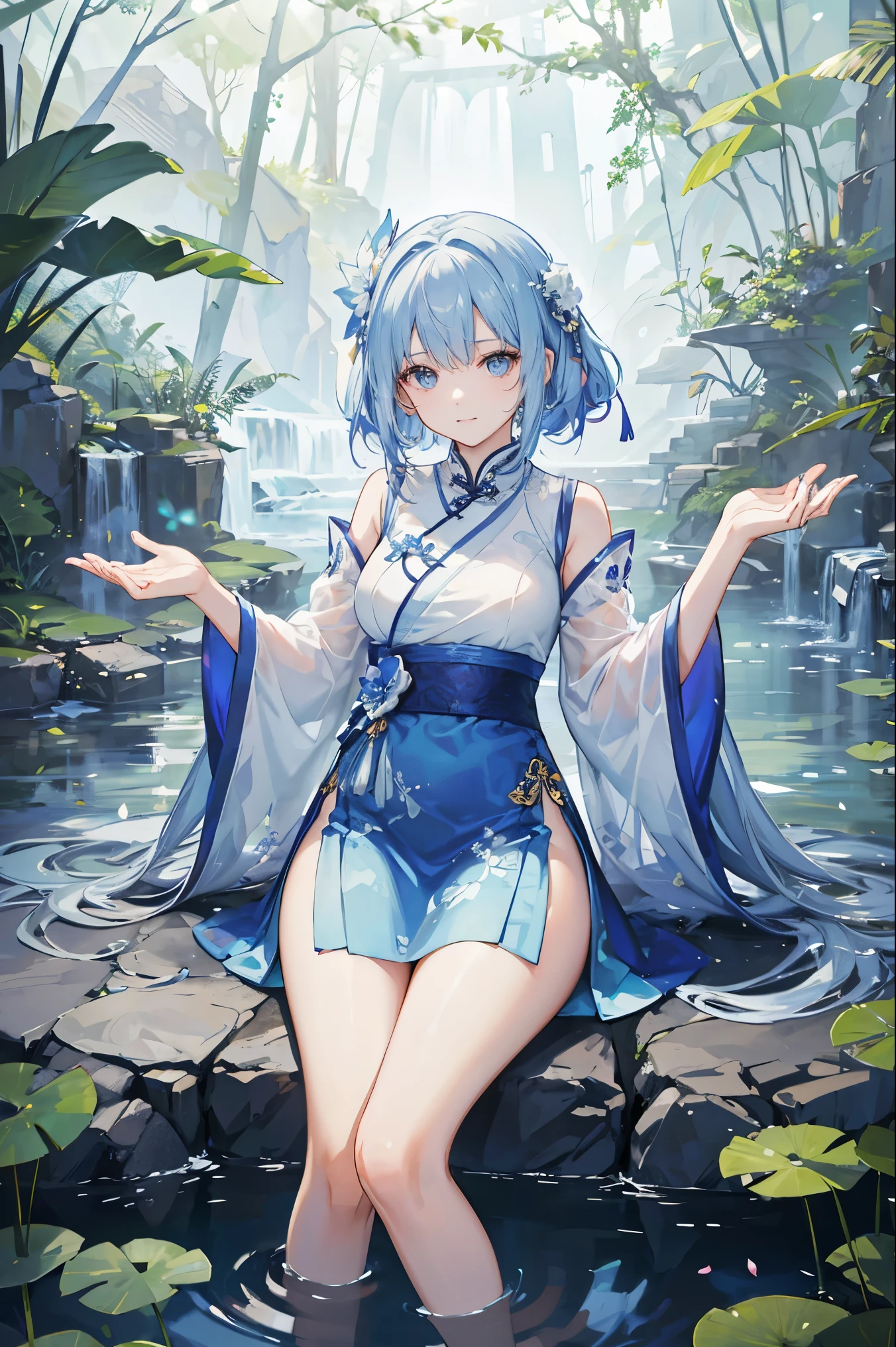 There is a blue skirt, 16 Long Legs, A woman sitting on a rock in the water, Standing gracefully on the lotus, Ethereal Beauty, Wearing blue cheongsam, court, Girl wearing Hanfu, Wearing blue cheongsam, Full of fairy atmosphere, In the pond, White Hanfu, A stunning young ethereal figure, floating dress, Light Blue, hair behind ears  