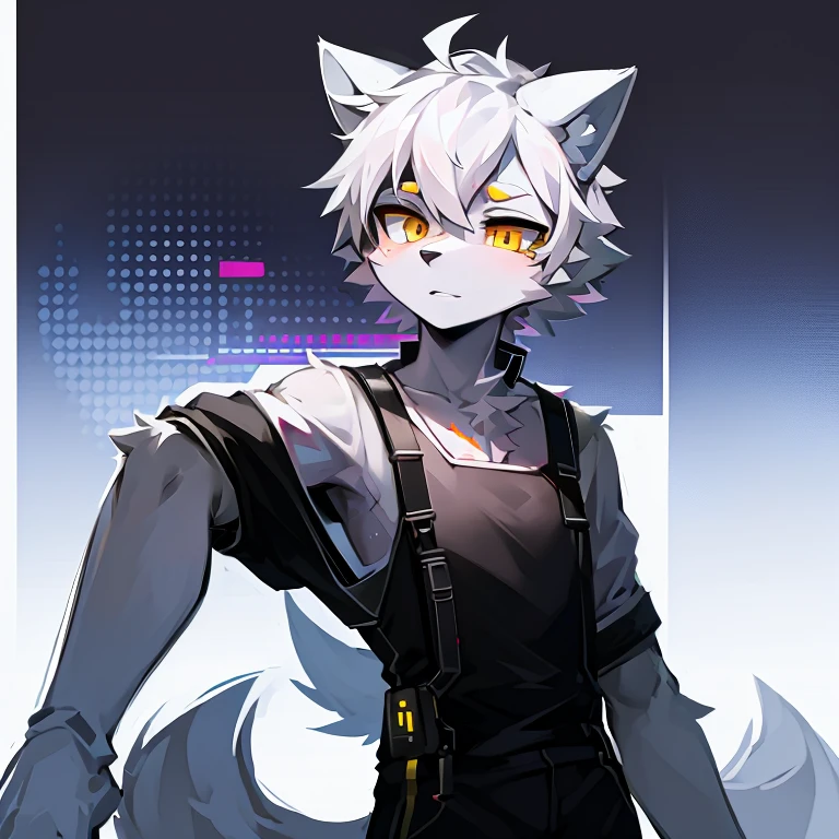 cyber punk perssonage，epcot，Tech style，solo person，White body，White ears，White hair，Overall white，Orange-yellow eyes，Wolf tail，Wolf orcs，Young，Wear a short-sleeved shirt，Ultra-clear screen，Soft lines