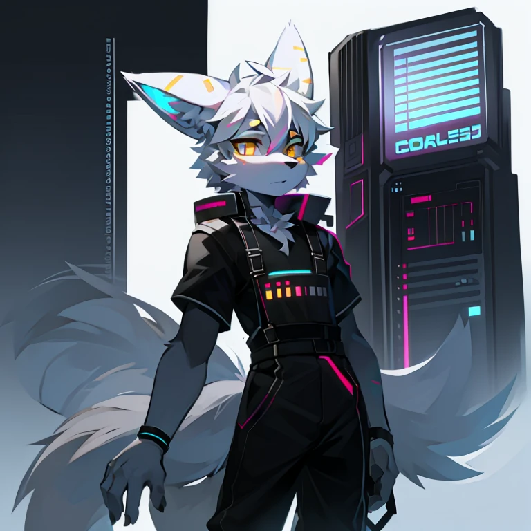 cyber punk perssonage,epcot,Tech style,solo person,White body,White ears,White hair,Overall white,Orange-yellow eyes,Wolf tail,Wolf orcs,Young,Wear a short-sleeved shirt,Ultra-clear screen,Soft lines