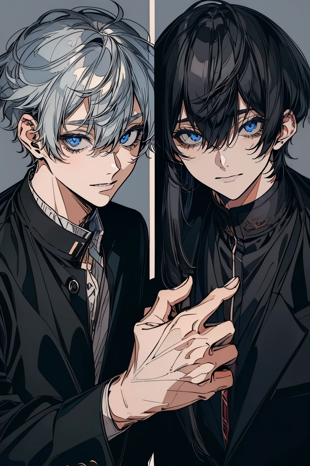 (Mastepiece), (Best Quality), Very detailed, ((Two good friends:1.5)), Perfect Face, Beautiful Face, Very detailedな顔，(Black-haired man:1.3)，(Grey-haired man:1.3)、shirt、smile