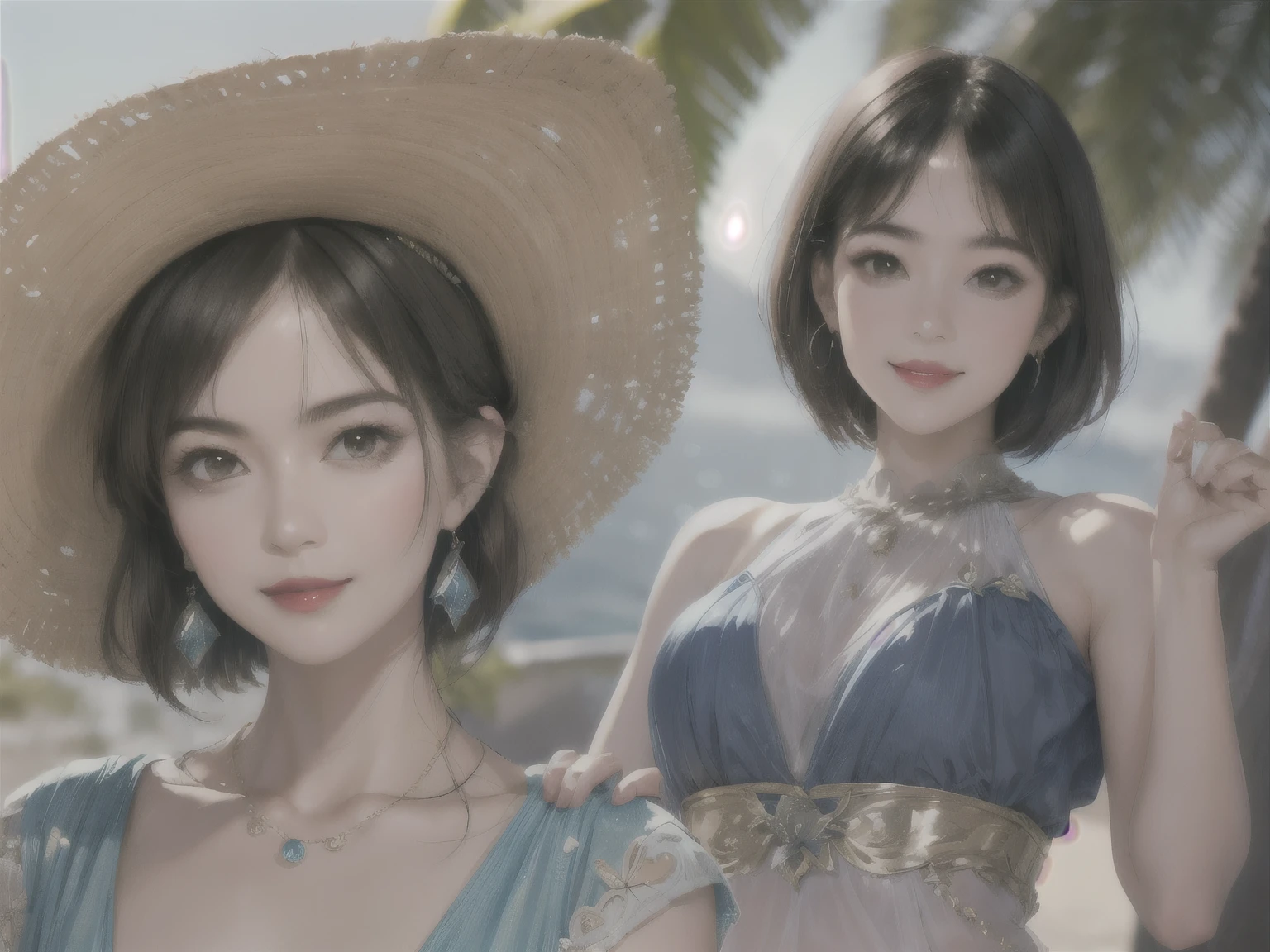1 Female (White camisole dress, Straw hat, Red sash belt:1.5) (cute,sweet,smile,Real Face,Big eyes, Open your mouth:1.4) Black Hair, Straight hair, Long Hair, Cowboy Shot (Dynamic Pose, Dynamic Angle, Walking on the beach, blue sky, White cloud, blue sea:1.3) break japanese, Japanese Idols, Iris (Highest quality, Ultra-high resolution, Realistic, RAW Photos, Real person, Portrait Photography, Realistic, Detailed skin, Fair skin, Beautiful attention to detail)