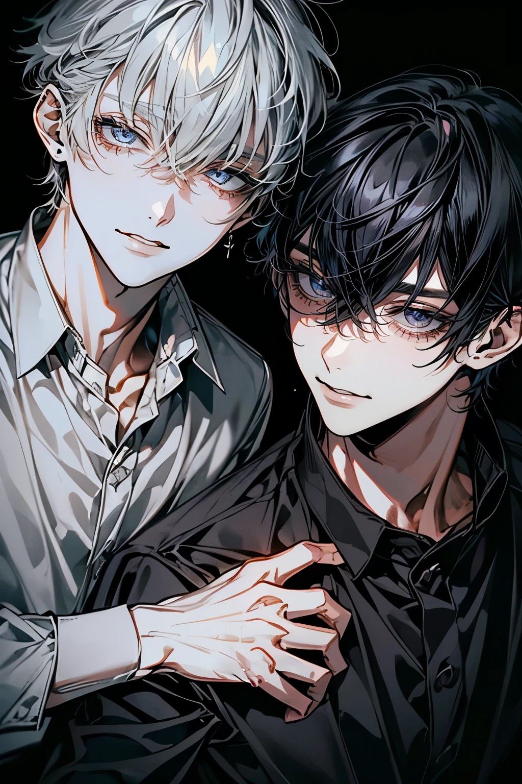 (Mastepiece), (Best Quality), Very detailed, ((Two good friends:1.5)), Perfect Face, Beautiful Face, Very detailedな顔,(Black-haired man:1.3),(Grey-haired man:1.3)、shirt、smile