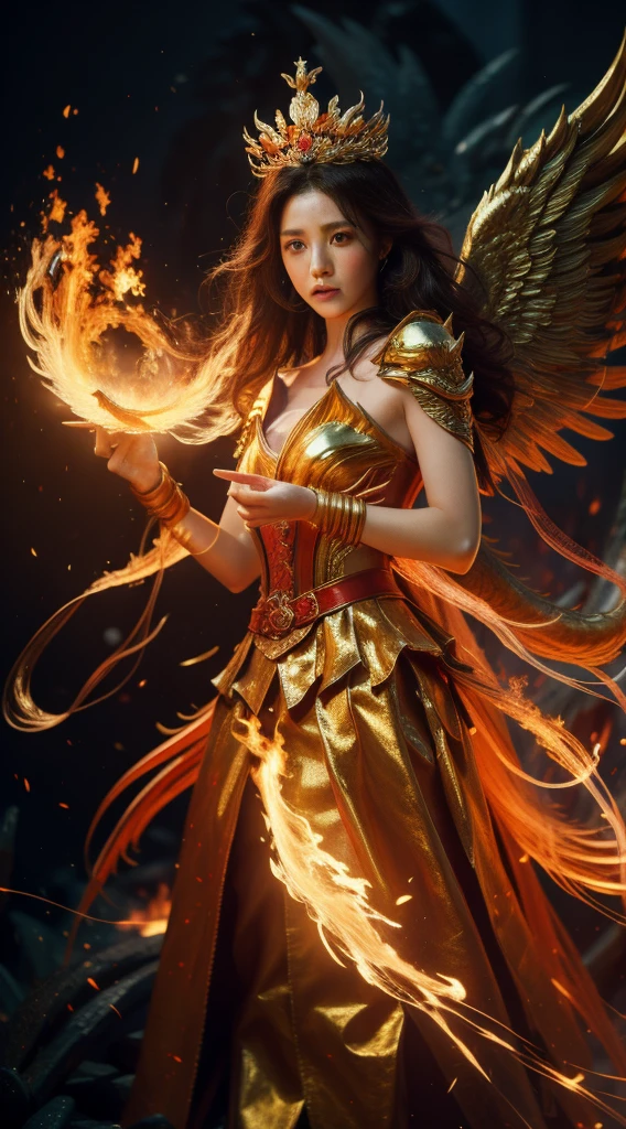 A woman struggling with fire and flames, With wings of blazing golden flame, with burning golden wings, epic fantasy art style, concept art | art germ, Phoenix Warriors, Epic fantasy digital art style, female protagonist, elemental, Magnificent and beautiful character art, queen with a gorgeous crown, goddess of fire, 타오르는 붉은색 Flame background, perfect background, fire sea background, Flame background, Fire Background, red light,  붉은색 Flame background,빨간 Fire Background,