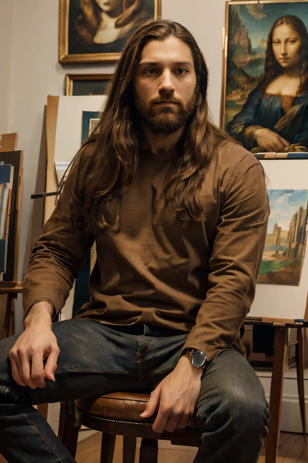 (best quality, 8K, 32k, masterpiece, UHD:1.2), 1 man, modern Leonardo da Vinci, long brown hair, well-groomed beard, stylish casual attire, sketchbook and pencil, art studio, modern paintings, Mona Lisa artwork in the background, (creative pose:1.2), detailed face, thoughtful expression, looking at the viewer