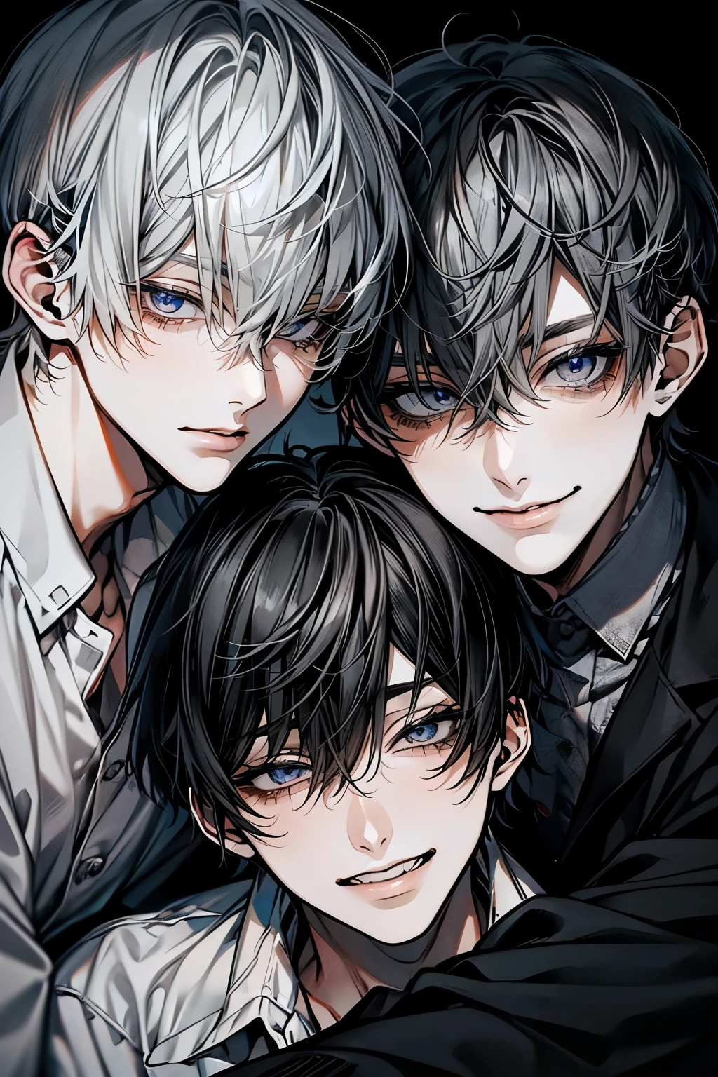 (Mastepiece), (Best Quality), Very detailed, ((Two good friends:1.5)), Perfect Face, Beautiful Face, Very detailedな顔，(Black-haired man:1.3)，(Grey-haired man:1.3)、shirt、smile